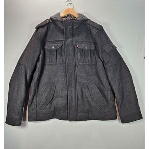 Levi's Men's Wool Blend Hooded Jacket XL Gray Quilted Lined Military Style